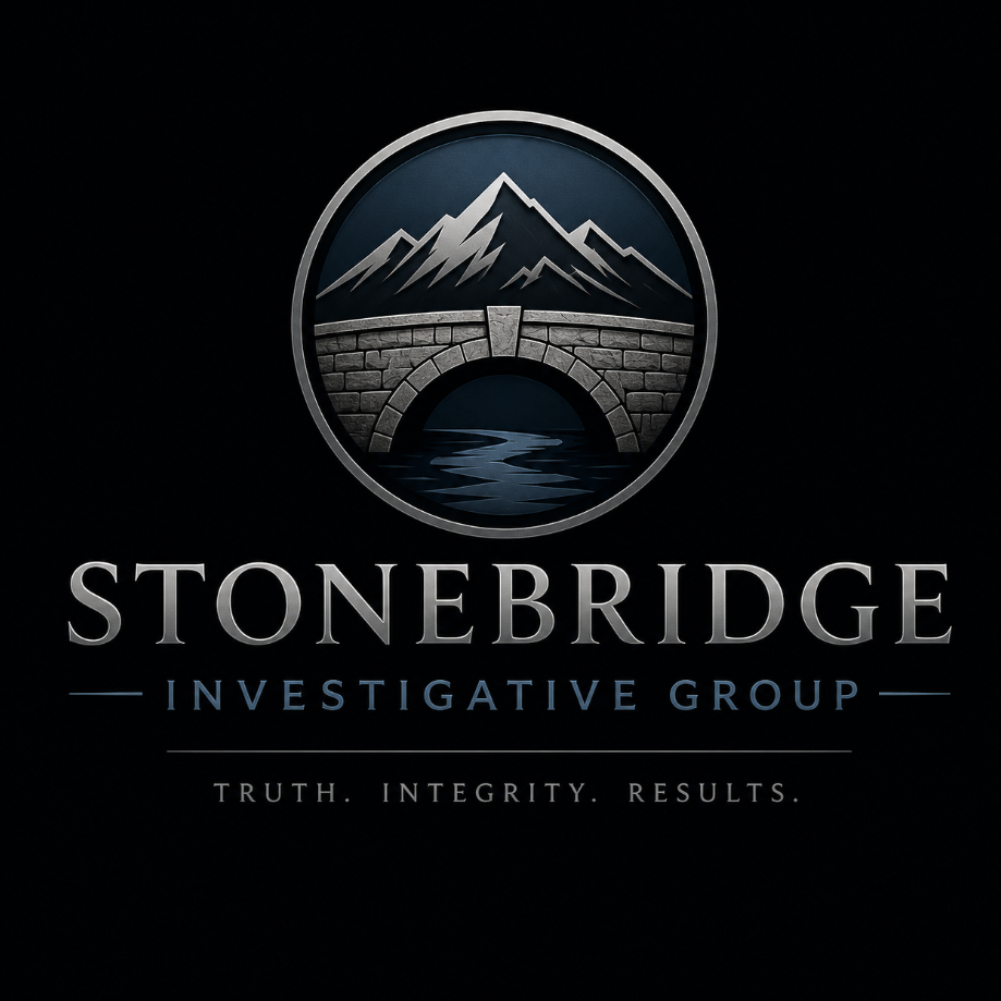 Logo of Stonebridge Investigative Group with a mountain, bridge, and water design and the words "Stonebridge Investigative Group" and the tagline "Truth. Integrity. Results."