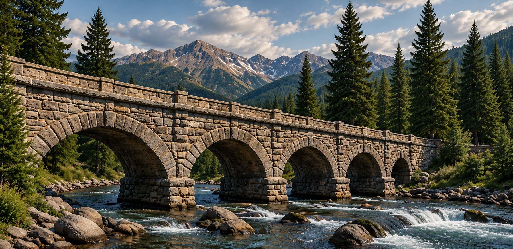 A stone bridge with multiple arches spanning over a flowing river, surrounded by evergreen trees with snow-capped mountains in the background under a partly cloudy sky.