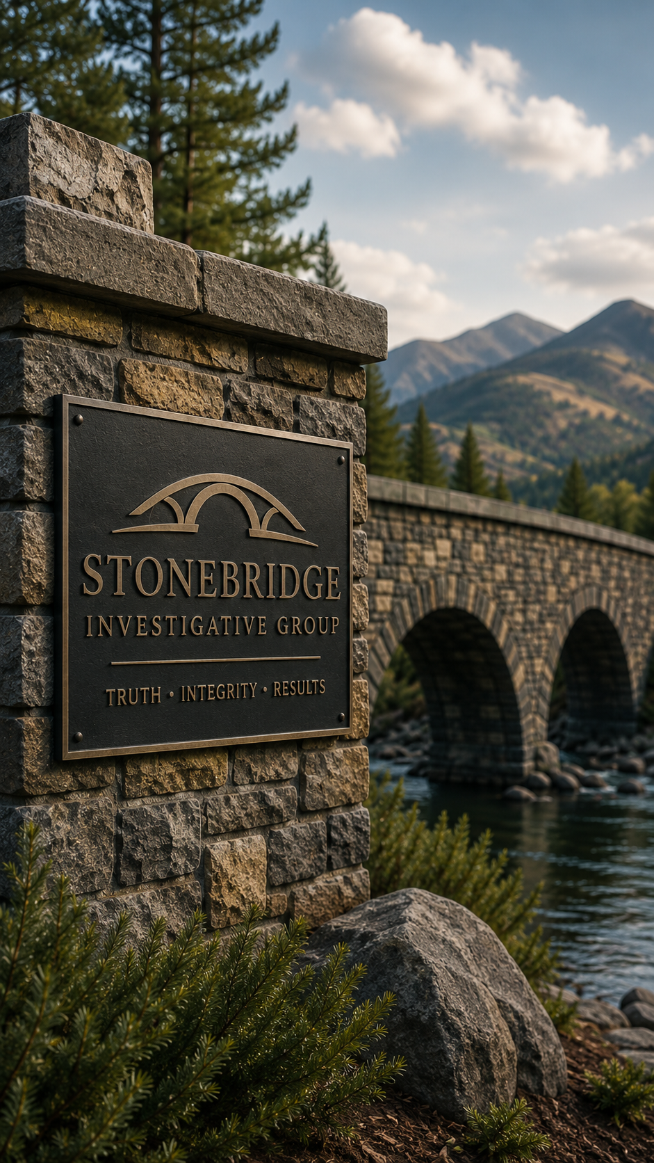 Stonebridge Investigative Group sign next to a stone bridge over a river, with mountains and pine trees in the background.