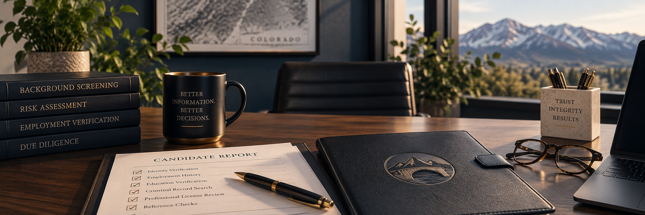 A modern office desk with stacked binders labeled 'Background Screening,' 'Risk Assessment,' 'Employment Verification,' and 'Due Diligence,' a black mug with gold accents reading 'Better Information. Better Decisions,' a candidate report form with checkmarks and a pen, a closed black portfolio, a laptop, glasses, and a white pen holder with the words 'Trust, Integrity, Results.' In the background, large windows show mountain scenery and some plants, with framed artwork on the wall.
