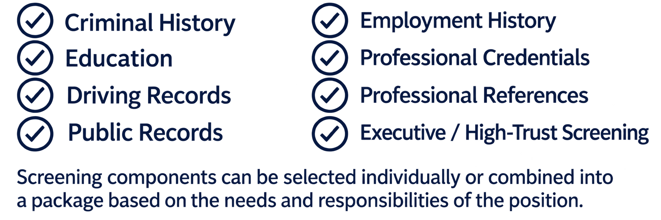 A checklist graphic with eight items, each marked with a blue checkmark: Criminal History, Education, Driving Records, Public Records, Employment History, Professional Credentials, Professional References, and Executive / High-Trust Screening. Below the list, there is a note stating that screening components can be selected individually or combined into a package based on the needs and responsibilities of the position.