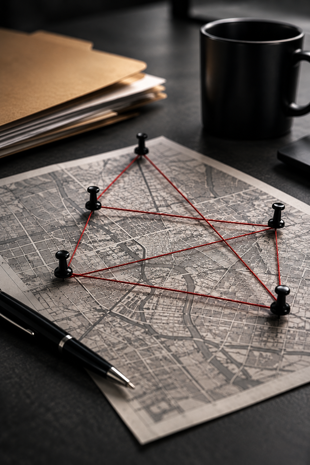 A black map with red string connecting black pushpins forming a triangle, on a dark desk with a pen, coffee mug, stack of files, and other office items.
