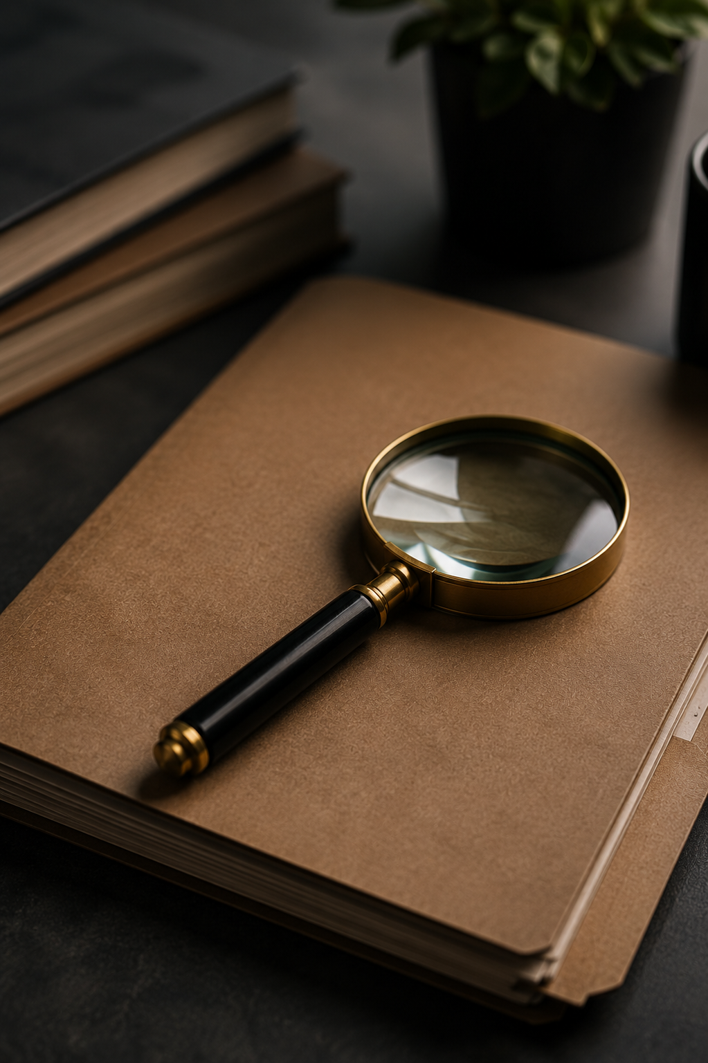 A magnifying glass with a black handle and brass rim rests on a brown notebook, with a stack of other books and a potted plant in the background.