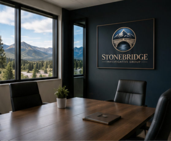 Conference room with a wooden table, black chairs, a potted plant, window view of mountains, and Stonebridge Investigative Group sign on dark wall.