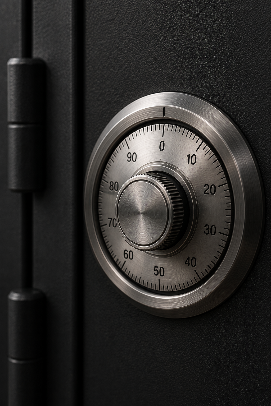 Close-up of a silver dial lock on a safe with black textured surface background.