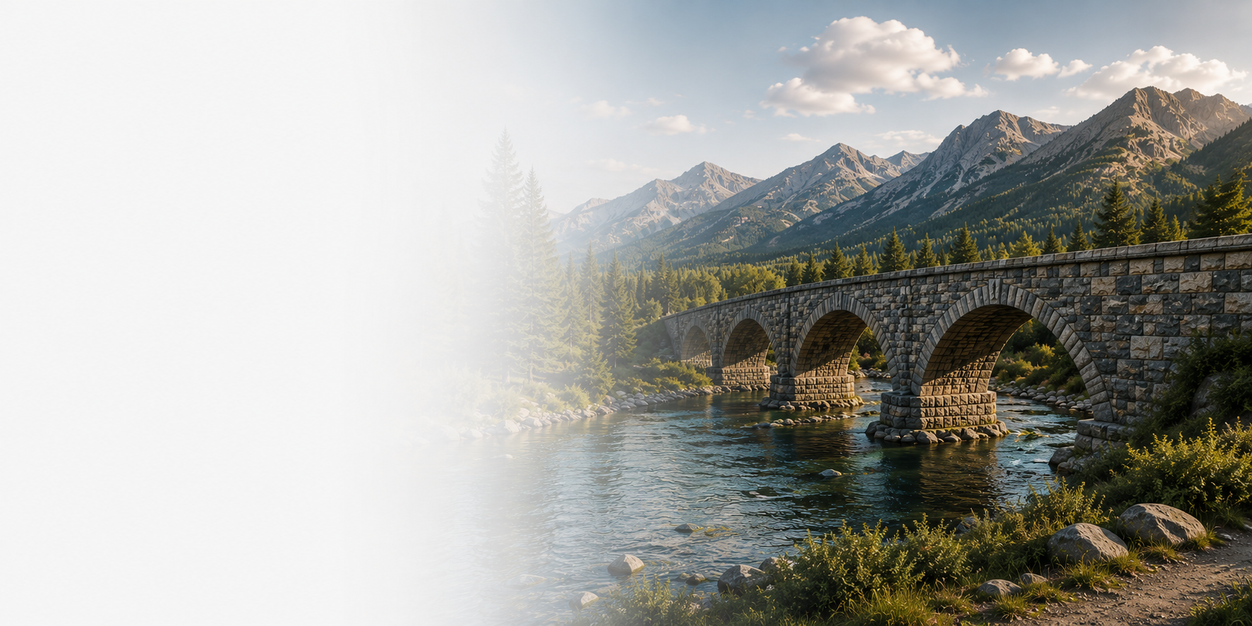 A scenic landscape featuring a stone arched bridge crossing a river, with a backdrop of green pine trees and tall mountains under a partly cloudy sky.