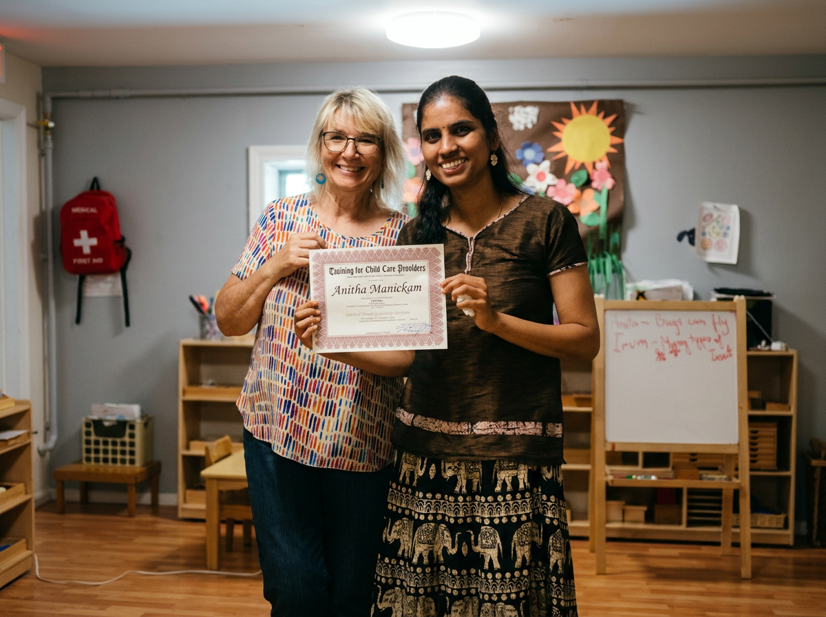 Two women standing in a classroom, holding a certificate together and smiling at the camera. The woman on the left has shoulder-length blonde hair, glasses, and is wearing a colorful patterned top. The woman on the right has long dark hair, and is dressed in traditional Indian attire. The classroom has educational materials, a whiteboard with handwritten notes, and decorations including a sunny paper cutout and flowers on the wall.