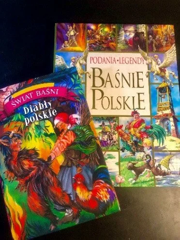 Two books about Polish fairy tales and legends, with colorful covers featuring illustrations of mythical creatures and scenes from Polish folklore.