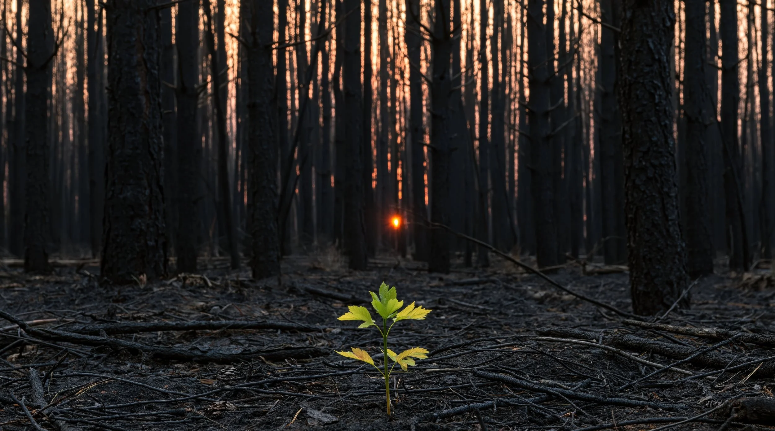 A small green plant with a few leaves growing amidst blackened, scorched forest ground with charred trees in the background and the setting sun visible through the trees.