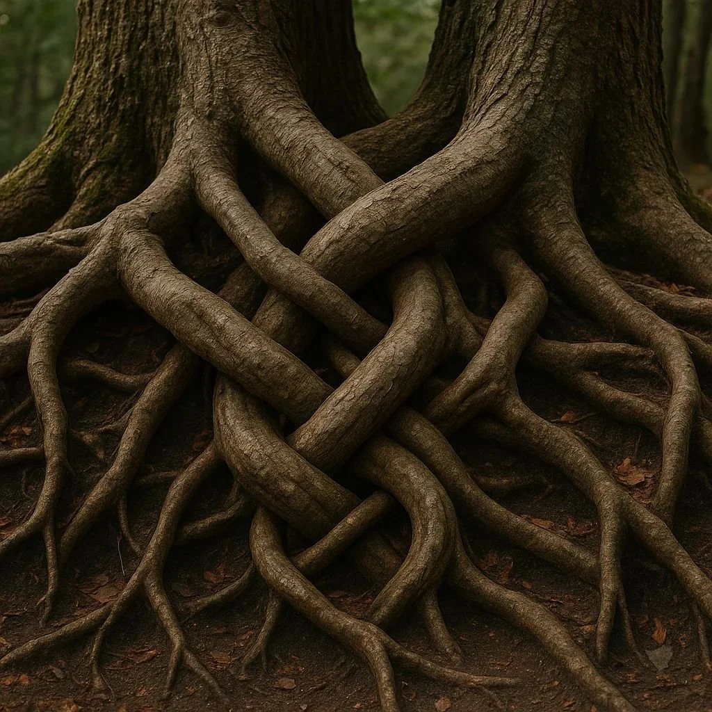 Close-up of a tree trunk with numerous intricate, twisting roots spreading over the ground.