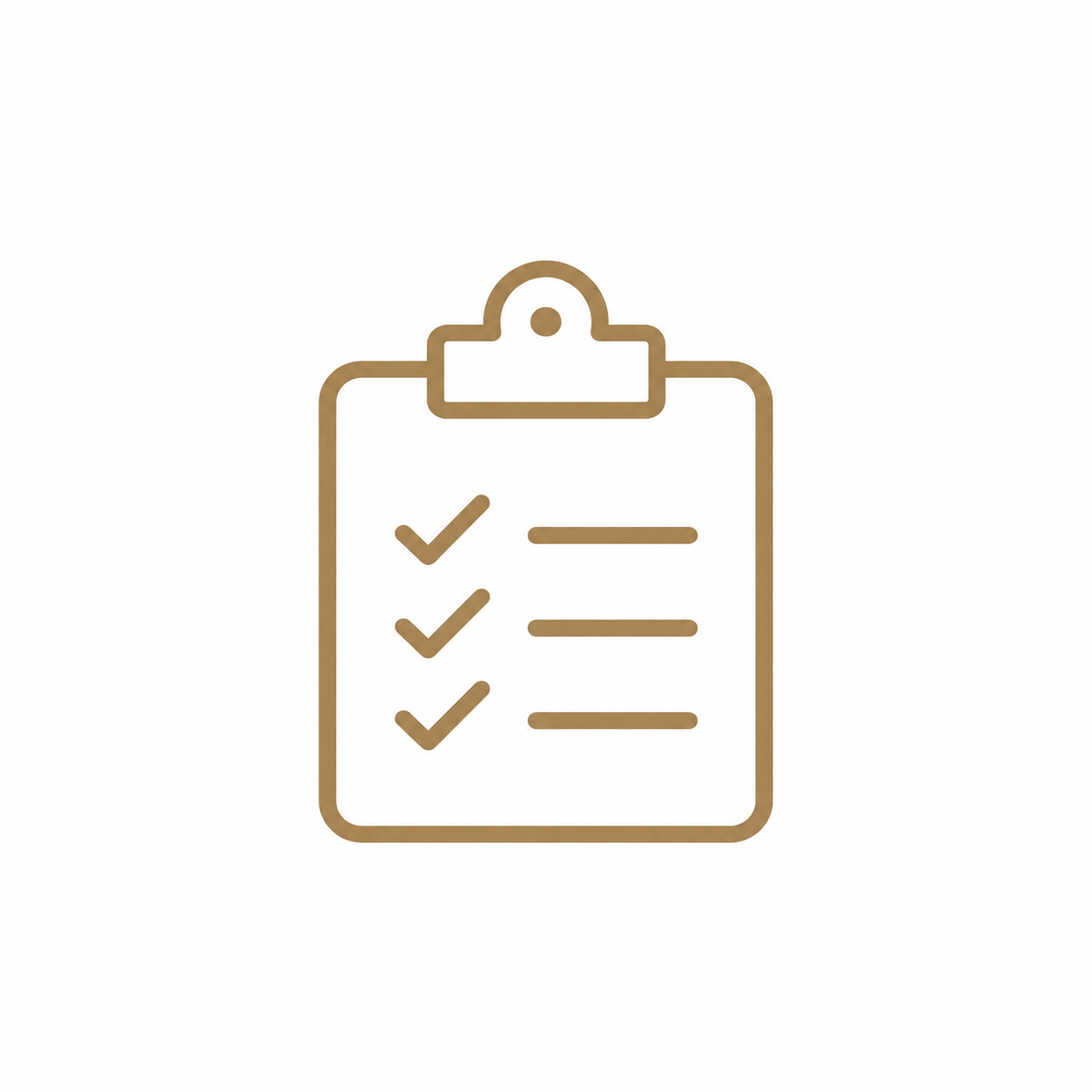 A minimalist line drawing of a clipboard with a checklist, featuring three checkmarks.