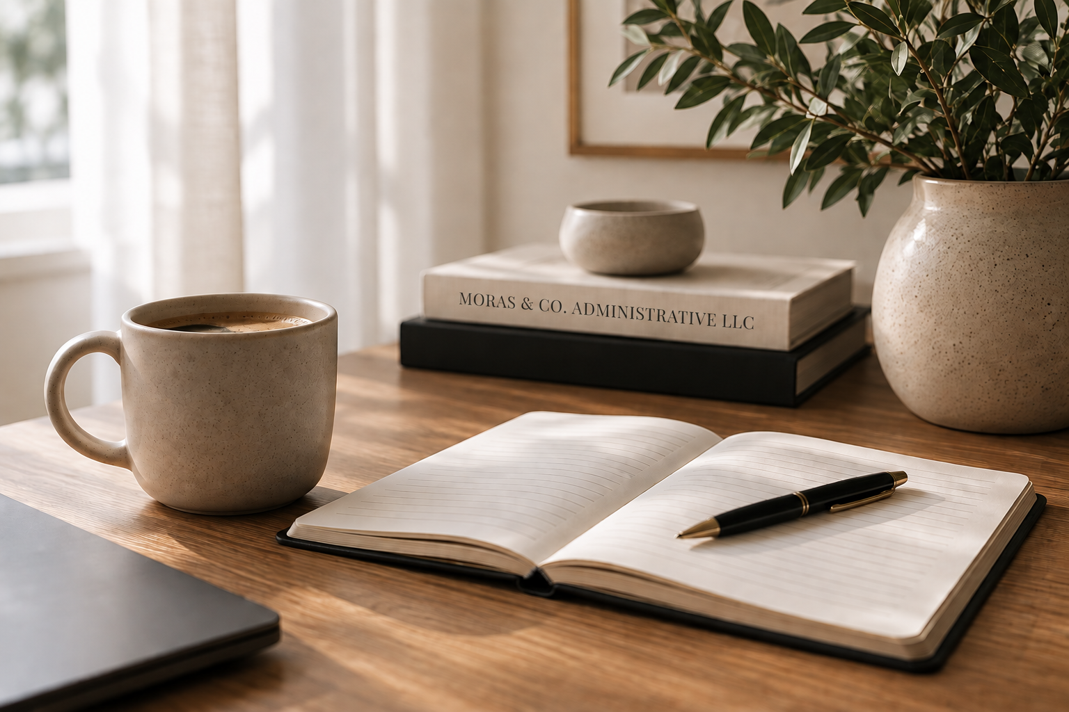 A workspace with a cup of coffee, an open notebook with a pen on it, a stack of books, and potted plants on a wooden desk, with a window and curtains in the background.