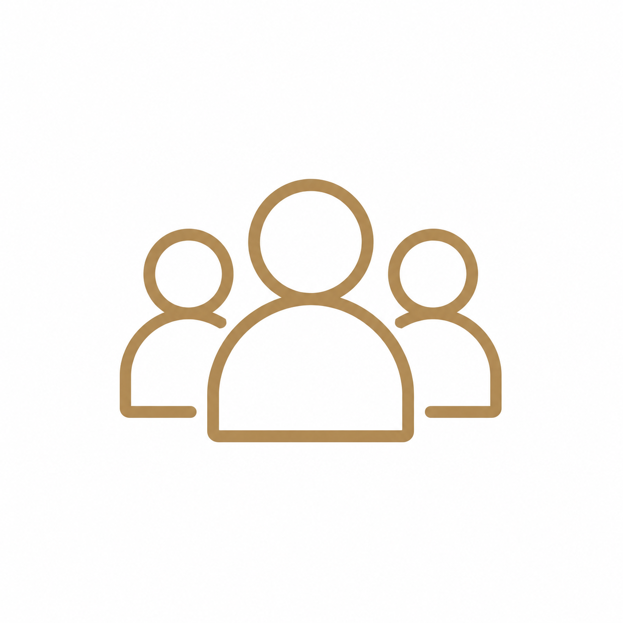 Outline of three people, one larger person in front and two smaller people behind, representing a group or community.