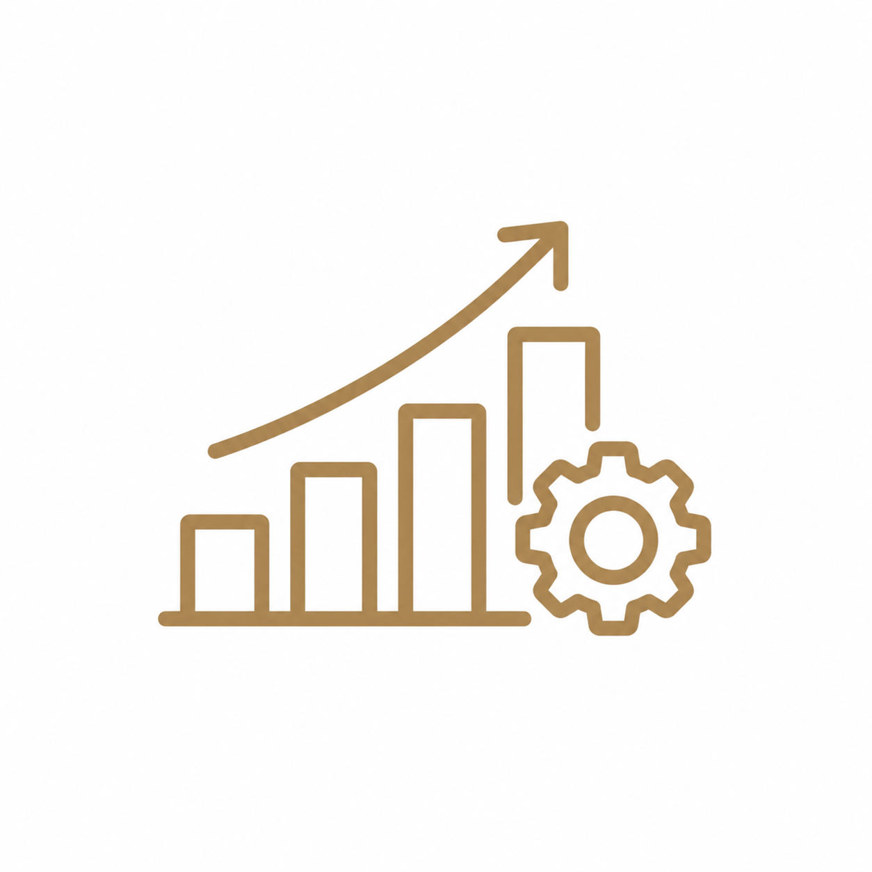 Line graph with upward trend, bar chart, and gear icon indicating growth and process optimization.