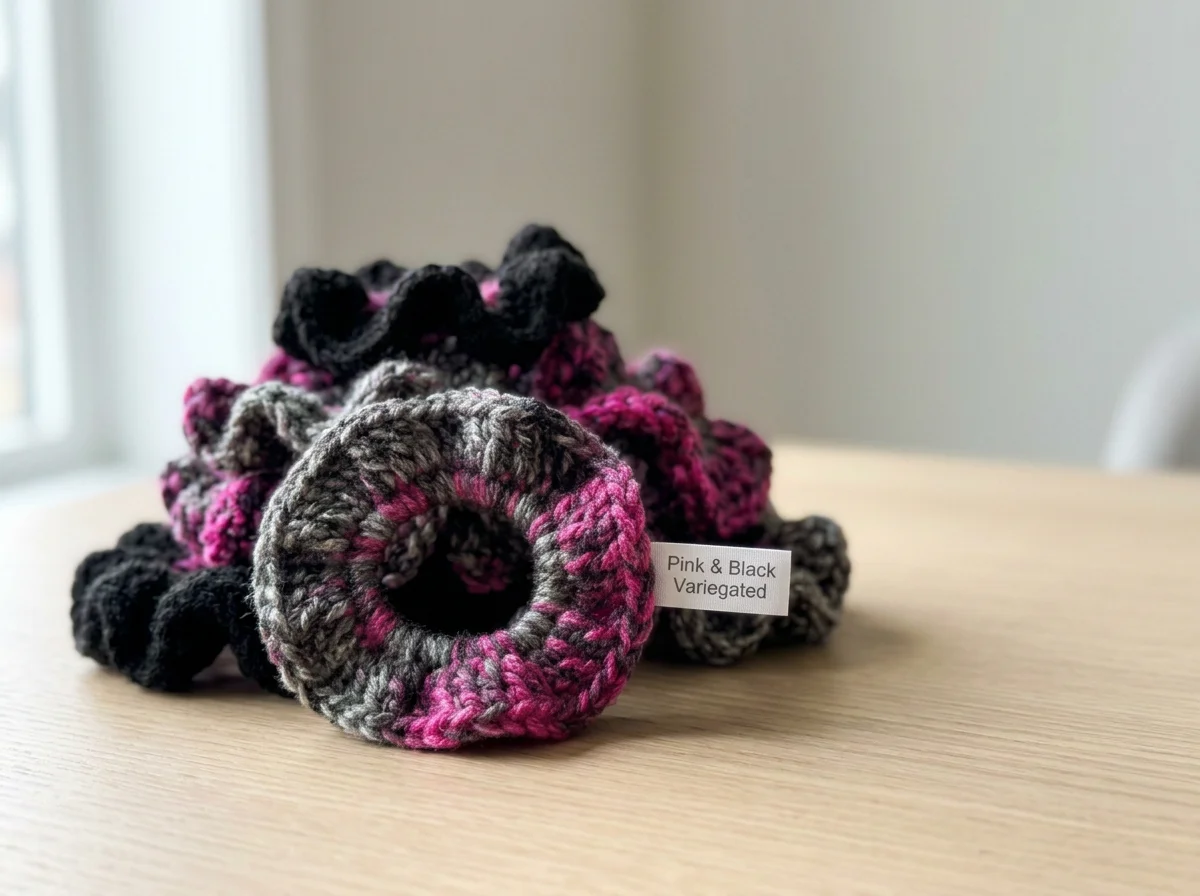 Pile of multicolored knit hair scrunchies on a wooden surface, with a label indicating they are pink and black variegated.