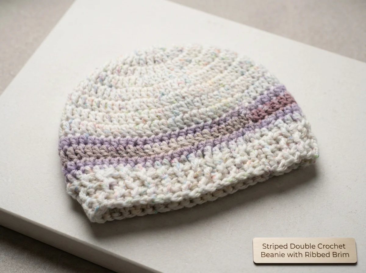 A multicolored striped double crochet beanie with a ribbed brim resting on a white surface.