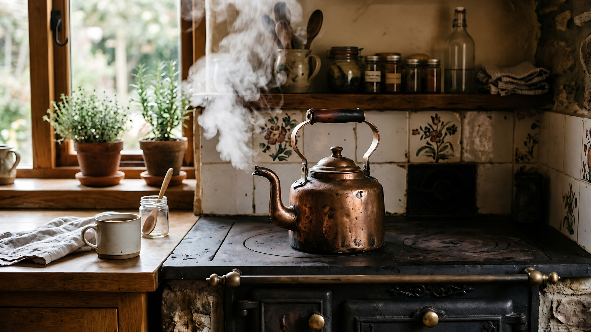 A copper kettle steaming on a black cast-iron wood stove in a rustic kitchen, with herbs on the windowsill