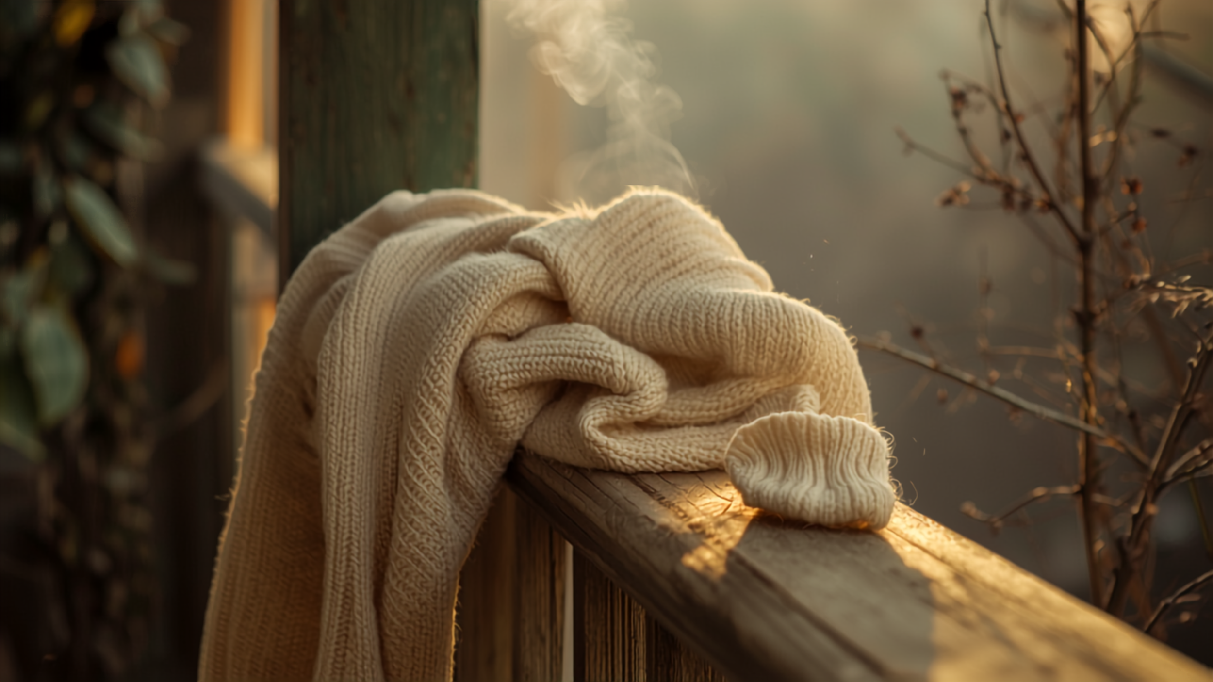 A folded cream knit sweater resting on a weathered porch rail in soft morning light