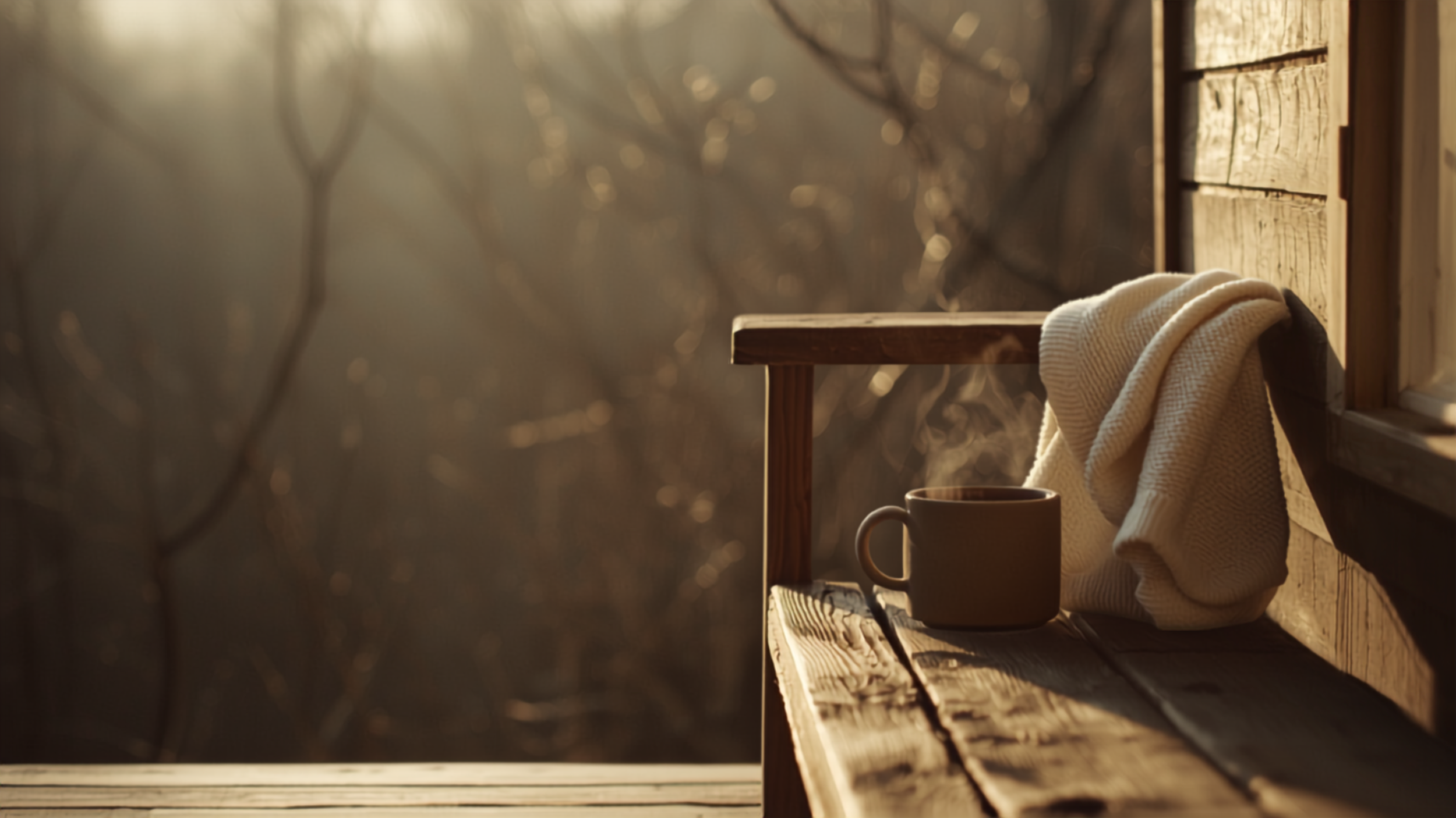 A knit sweater and a steaming mug on a wooden bench beside a cabin window at first light