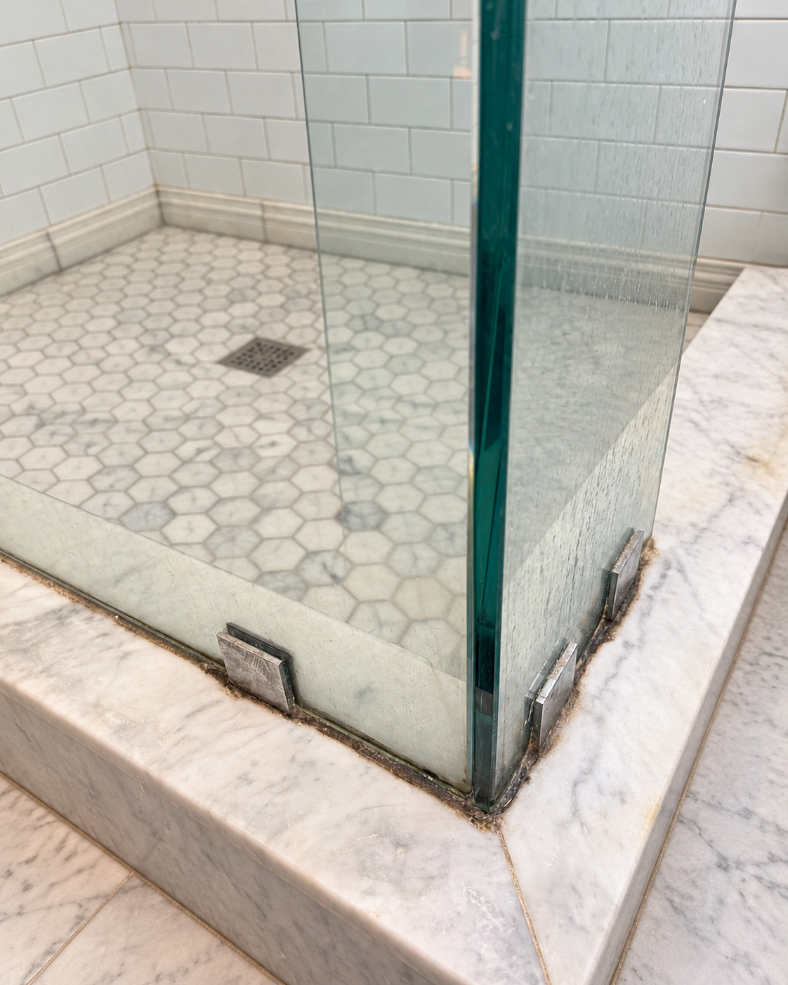 Close-up of a glass shower enclosure with hexagon marble floor tiles, a square drain, and worn hardware on a marble shower curb.