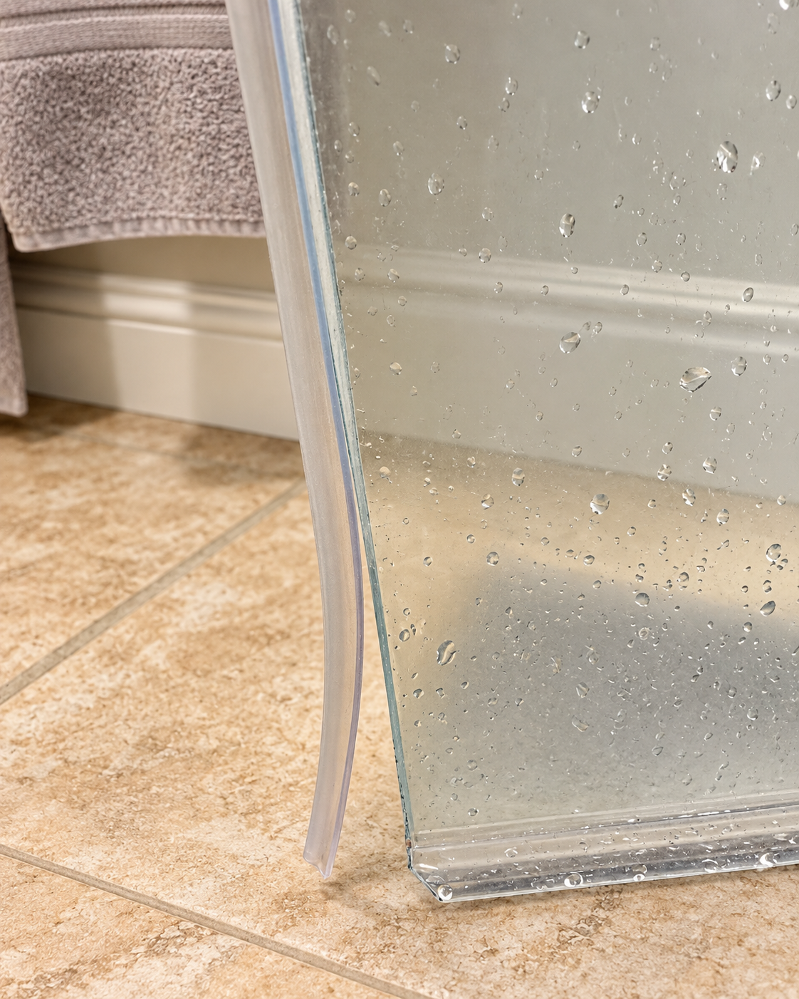 Close-up of water droplets on a clear glass shower door and its flexible seal over a tiled bathroom floor