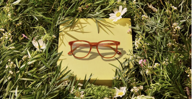Orange glasses placed on a yellow card surrounded by green grass and small white and pink flowers.