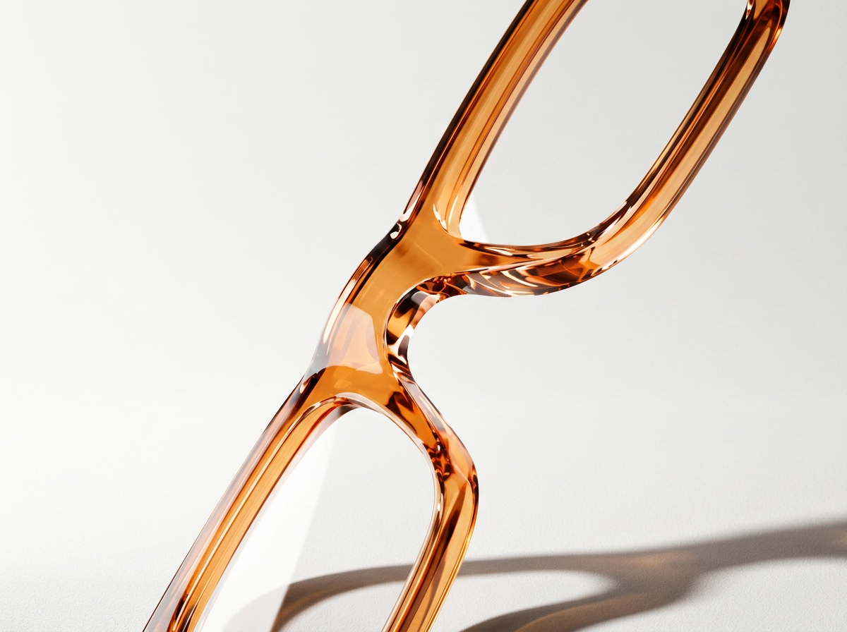 Close-up photograph of a pair of orange-tinted sunglasses with a transparent frame, resting on a white surface with shadows.