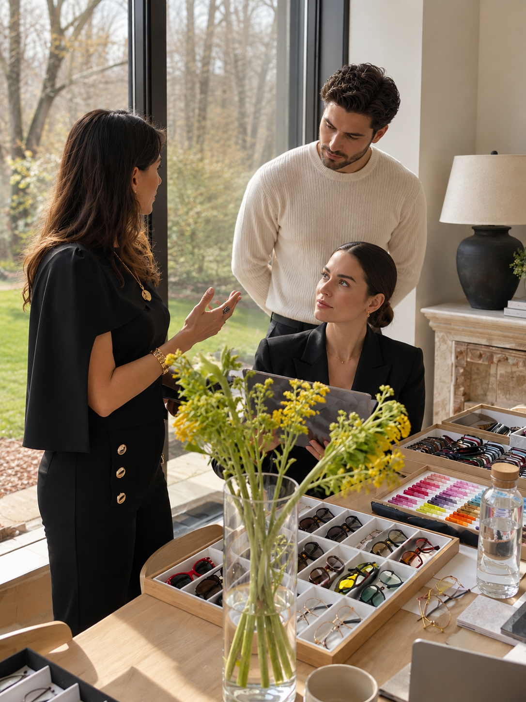 Three people are engaged in a discussion inside a room with a large window and a scenic outdoor view. One woman stands and speaks, while a seated woman and a man listen, surrounded by sunglasses and accessory displays.