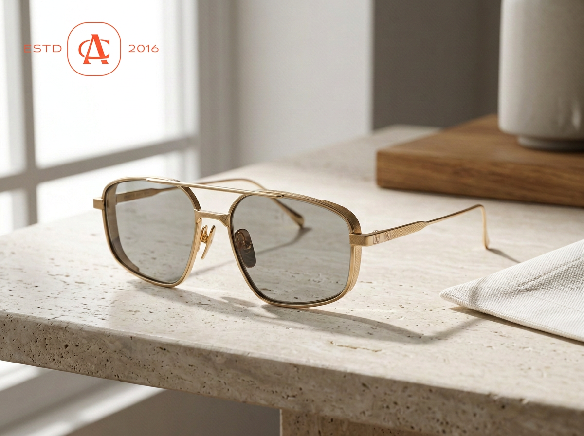 A pair of gold sunglasses with gray lenses on a light-colored speckled stone surface, with a white cloth, a wooden block, and a gray potted plant nearby, with a window in the background.