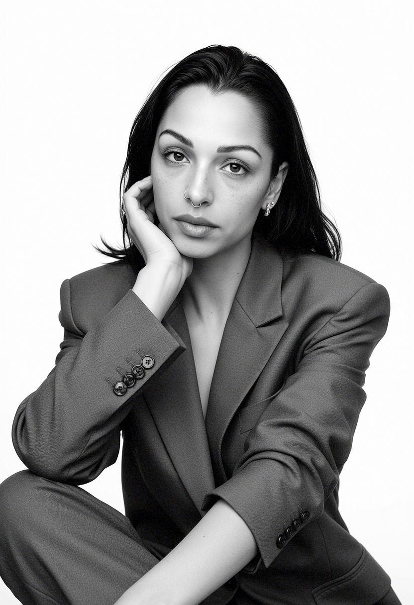 Black and white portrait of a founder woman with dark hair, wearing a tailored blazer, sitting with her chin resting on her hand, looking at the camera.