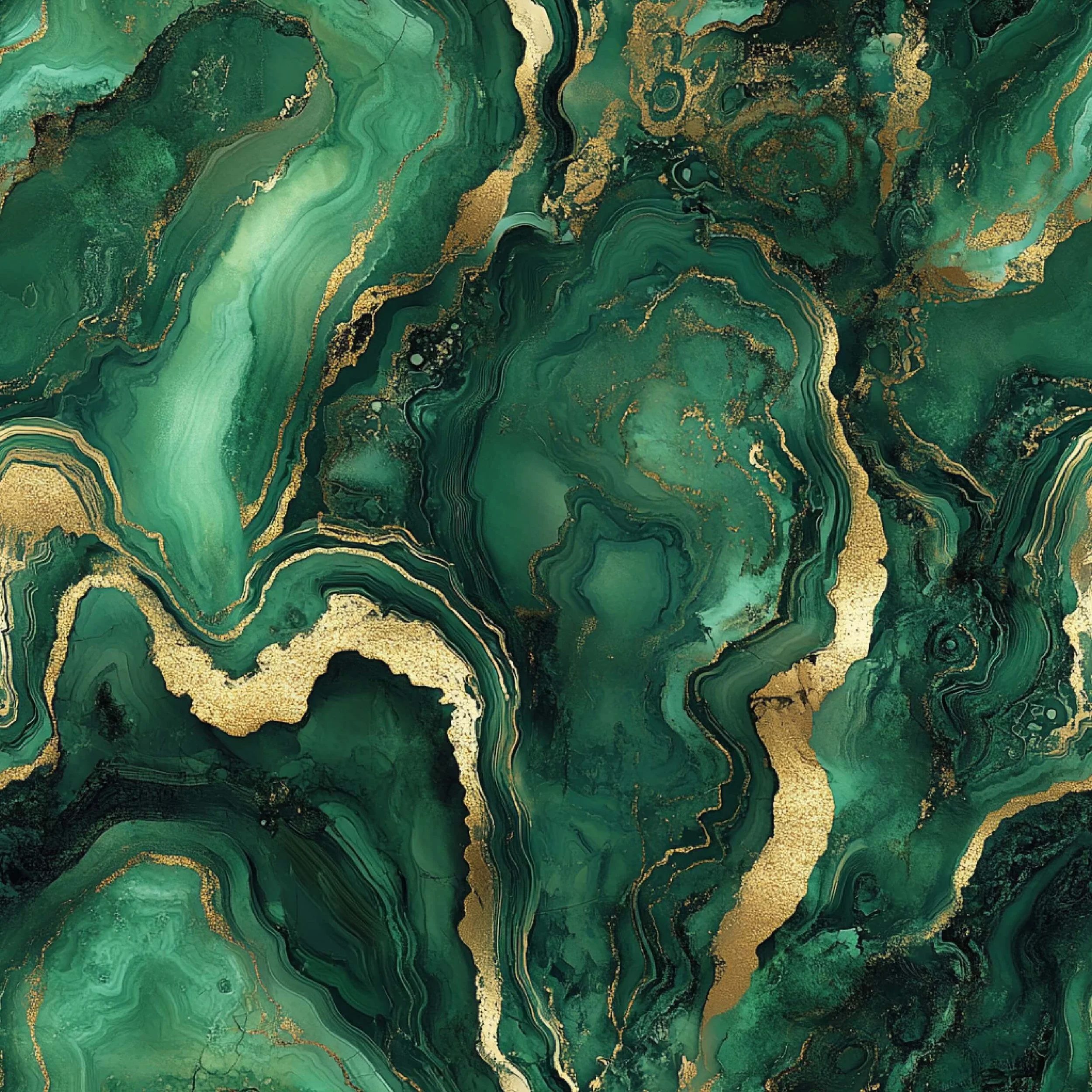 Abstract green and gold marbled pattern with swirling textures and irregular shapes.