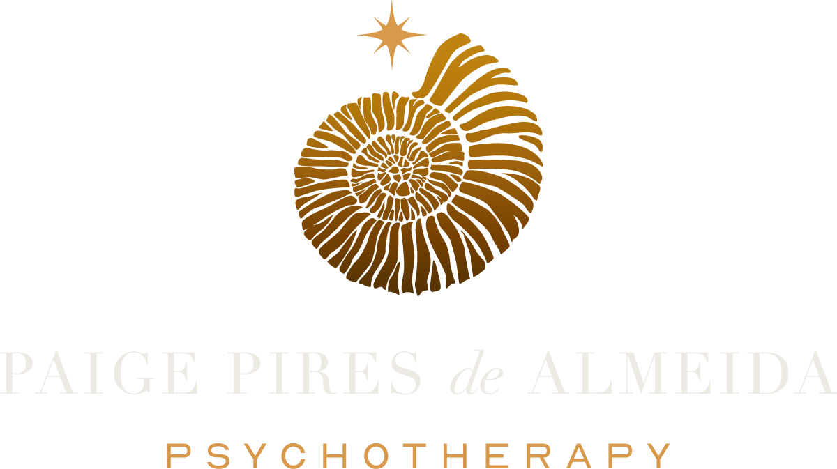 Paige Pires de Almeida Logo with a golden ammonite shell