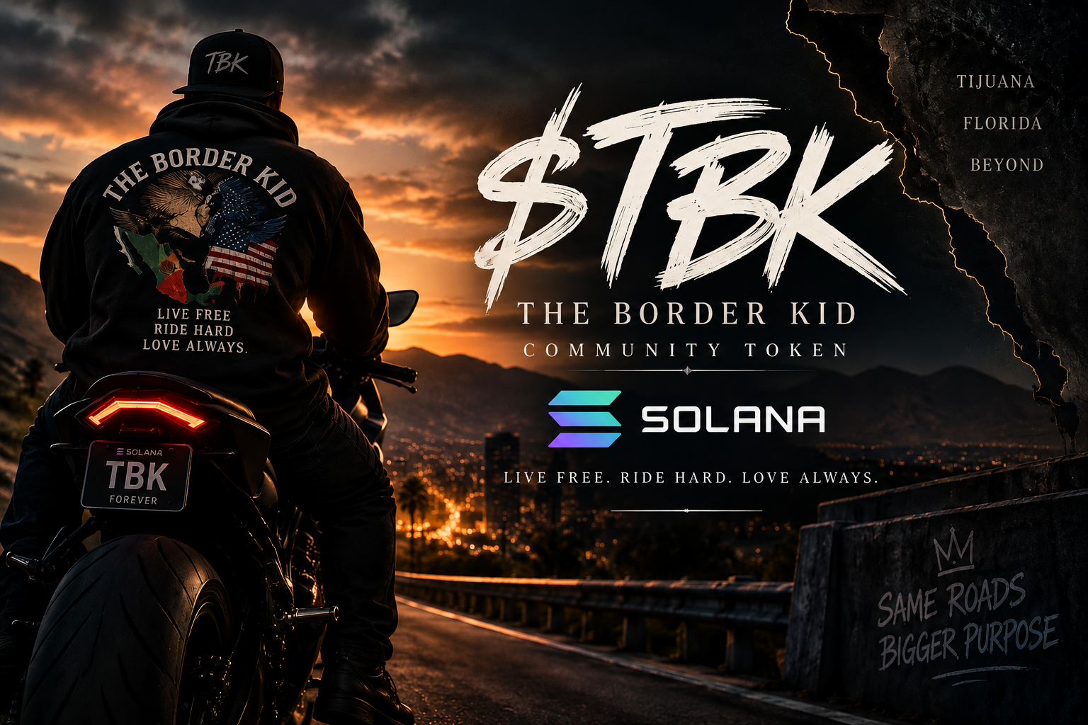 The Border Kid $TBK community token on Solana, featuring a motorcycle rider overlooking a sunset with The Border Kid branding.