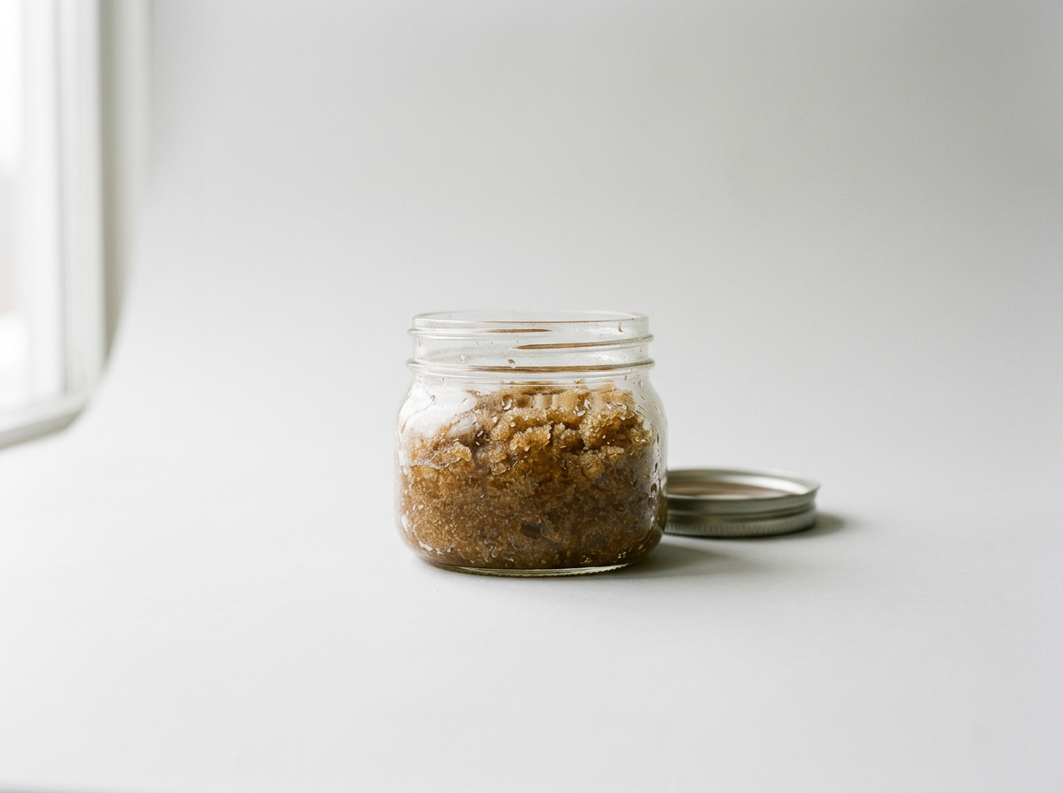 A small glass jar filled with brown sugar, with the lid off and placed beside it on a white surface.