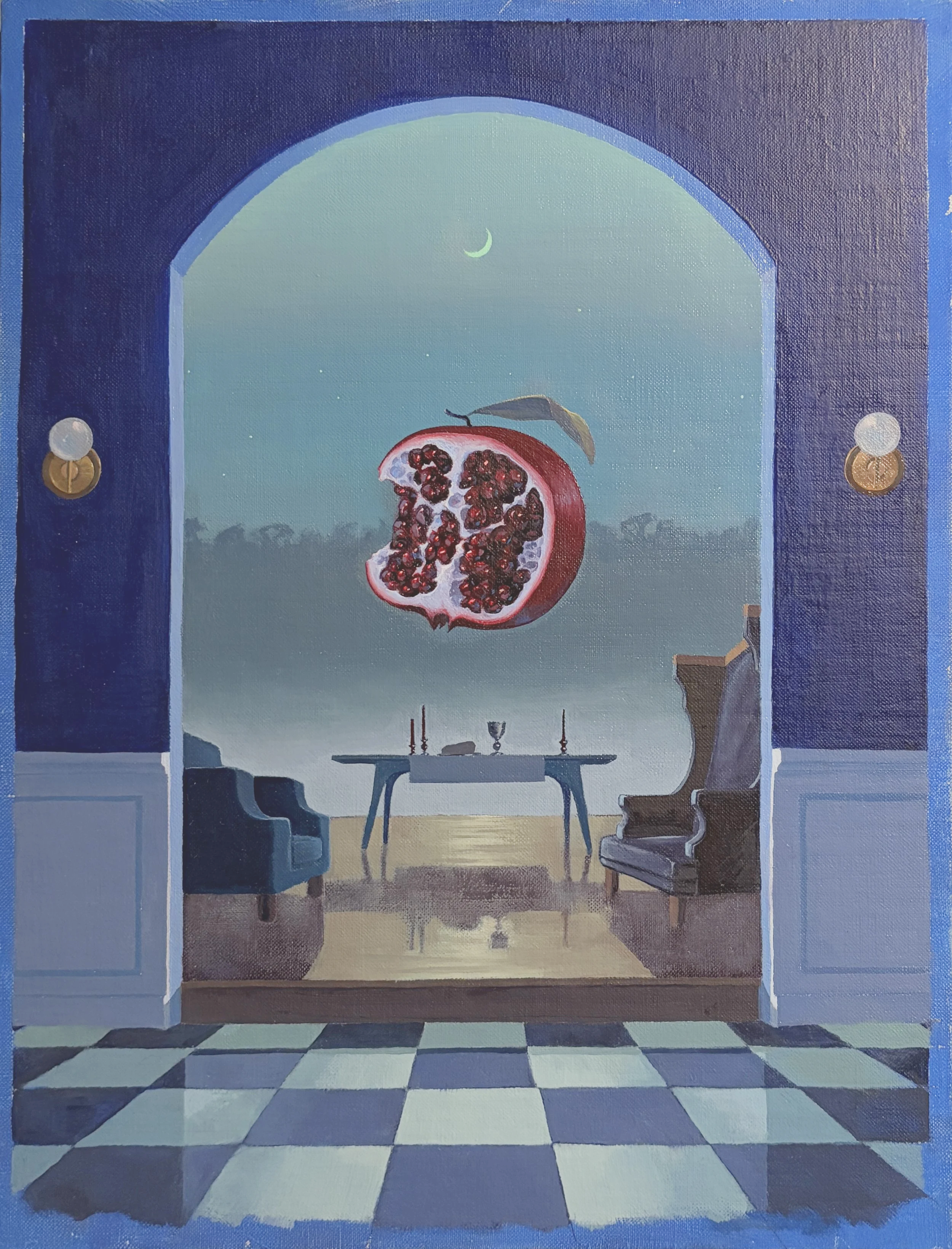 Painting of a window view into a room with a pomegranate fruit floating in midair, a dining table with candlesticks, armchairs, and a checkered floor.