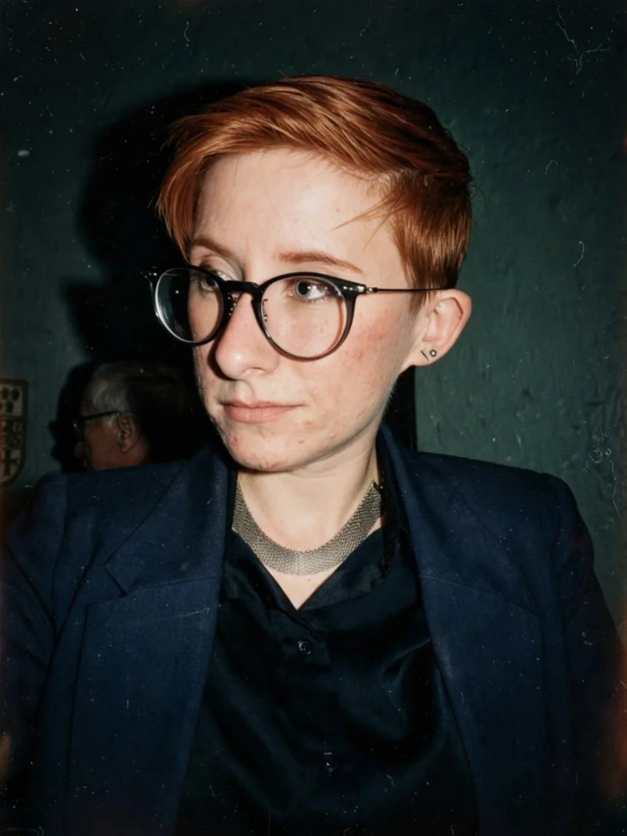A young person with short red hair, glasses, and earrings wearing a dark blazer and a mesh necklace, looking to the side in a dimly lit setting.