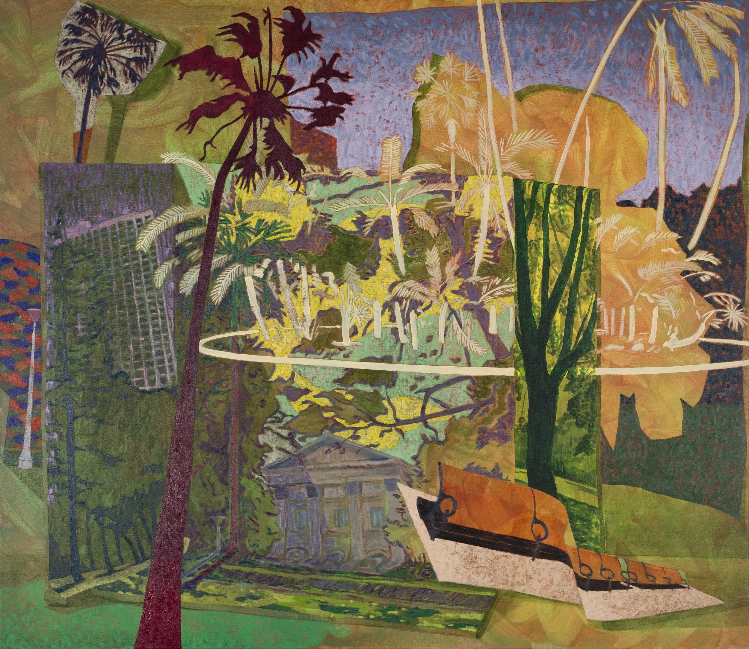 Unboxing Hyde Park, 2025, oil and acrylic on linen. 97 x 112 cm. Photograph: Davide Carta.