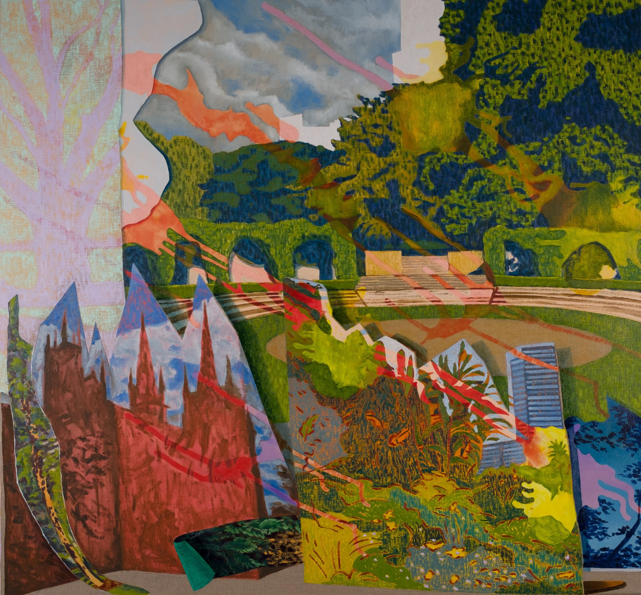 Stage, 2024, oil and acrylic on linen. 132 x 142 cm. Photograph: Davide Carta.
