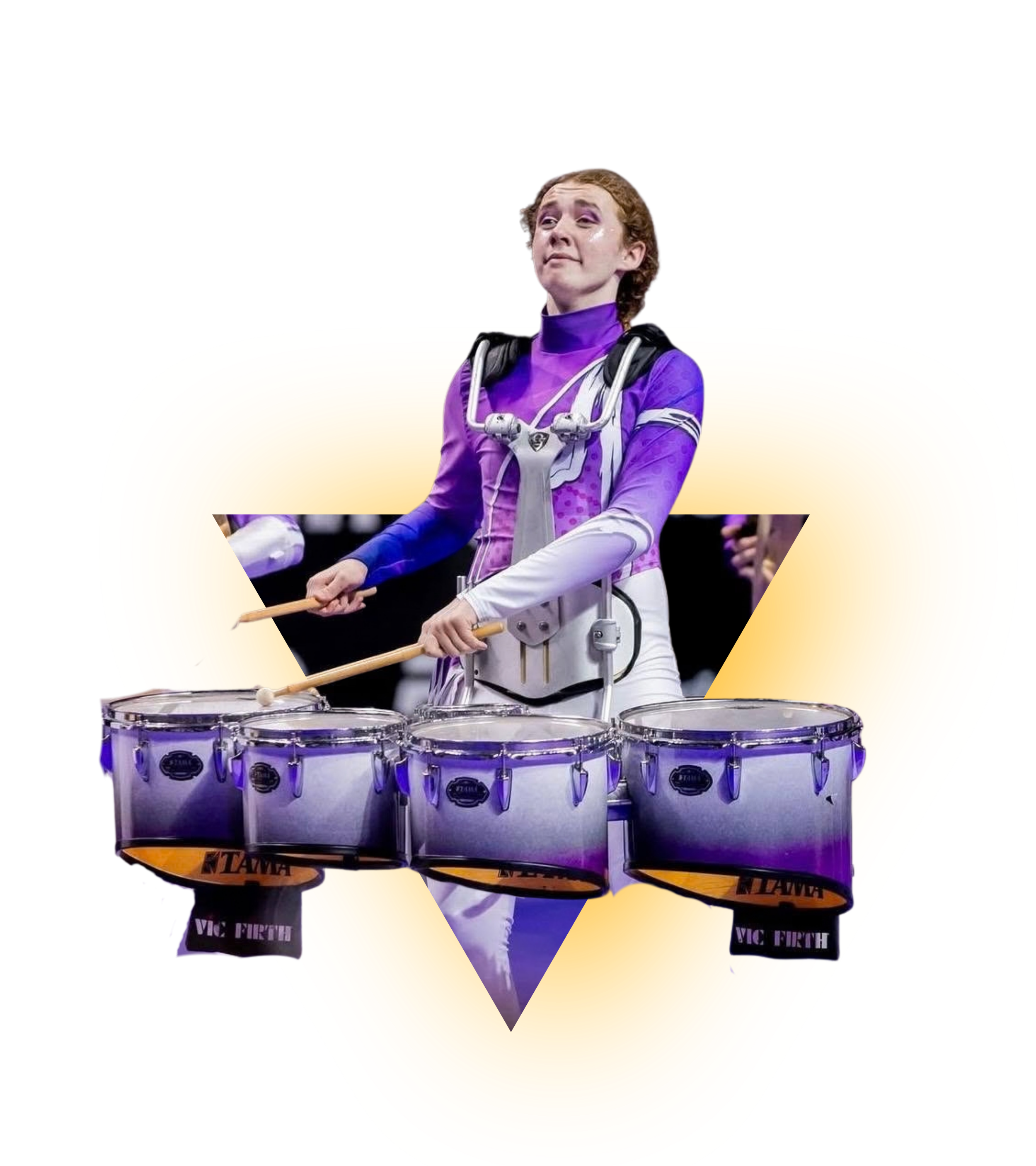A person dressed as a drum major or conductor, wearing a purple and white costume, holding drumsticks, and standing in front of a large, yellow and orange abstract design with a black background.
