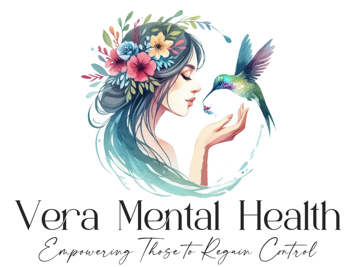 Illustration of a woman with long hair adorned with colorful flowers, and a hummingbird near her hand, part of the Vera Mental Health logo with the tagline 'Empowering Those to Regain Control.'