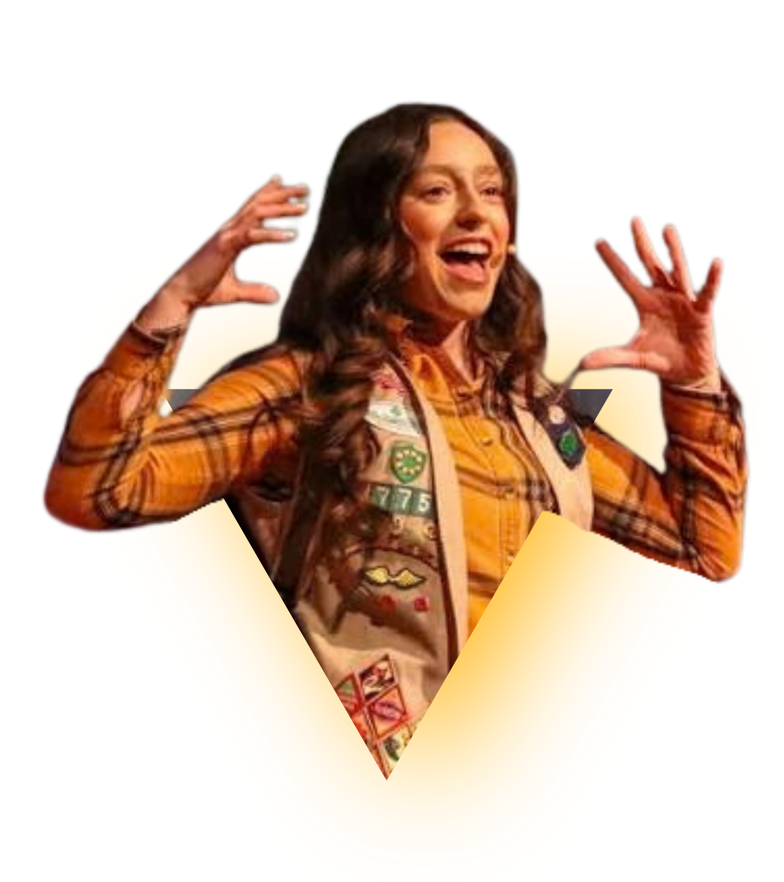 Woman dressed as a superhero with a bright yellow cape, smiling with her hands raised.