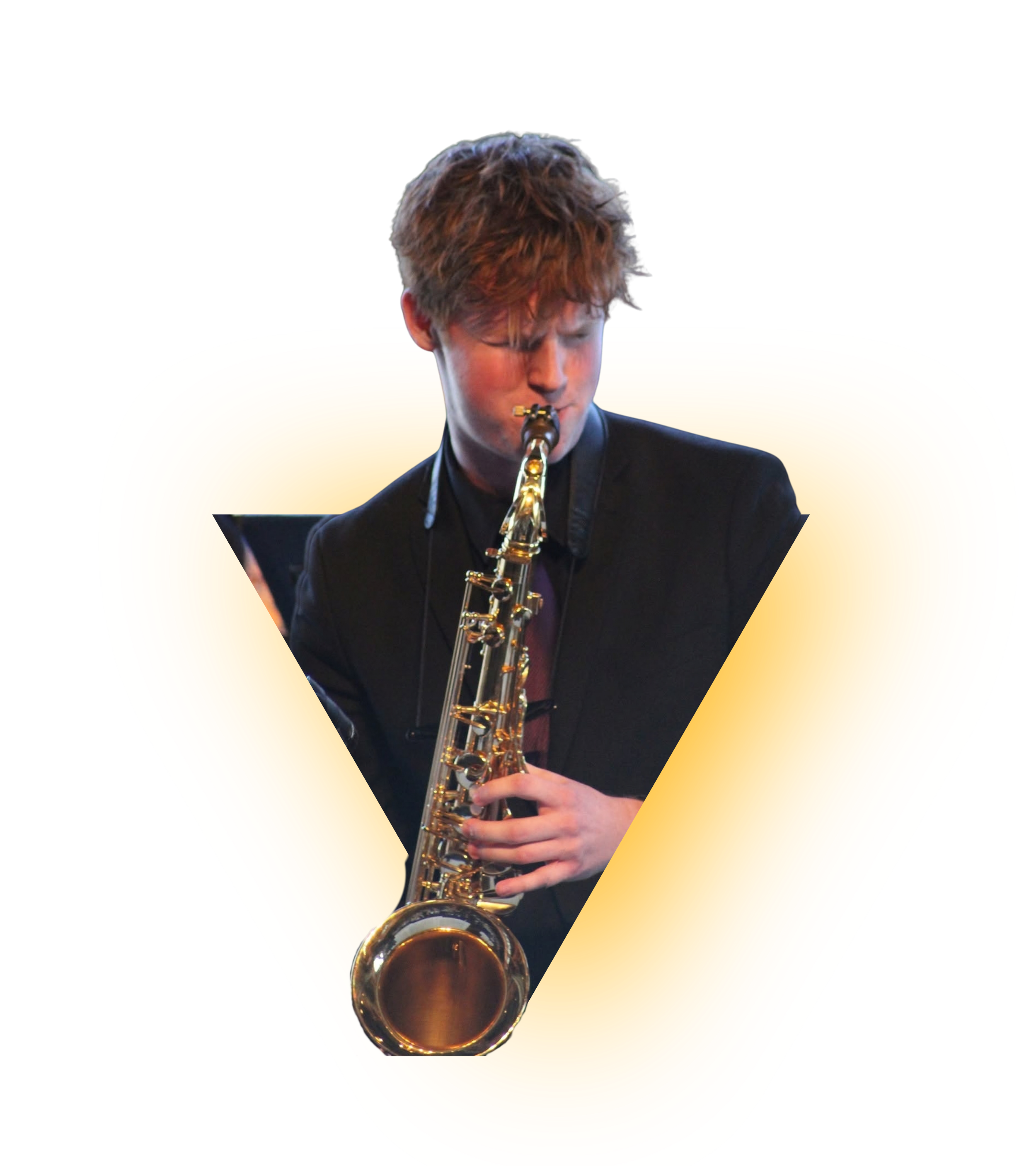 A young man with curly hair playing a gold-colored saxophone on stage, with a colorful background of yellow, orange, and blue.