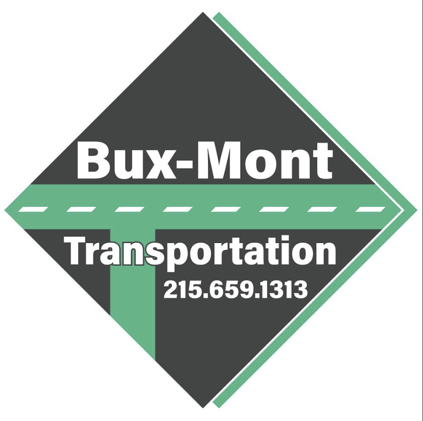 Logo for Bux-Mont Transportation, featuring a diamond shape with a green arrow, the company name, and phone number.