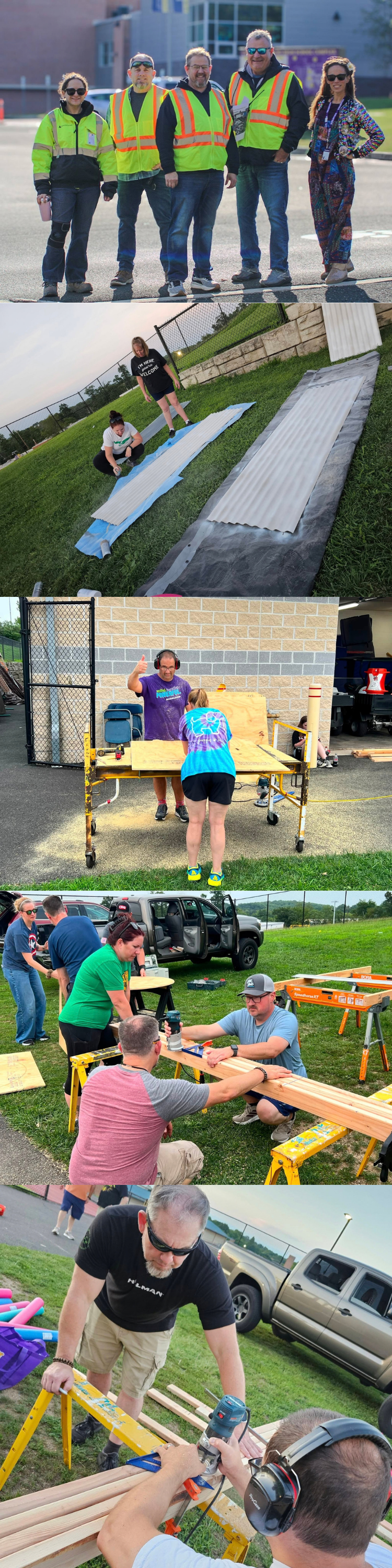 Group of people working on building and outdoor projects, including a team in safety vests, individuals preparing roofing materials, and people crafting with wood.