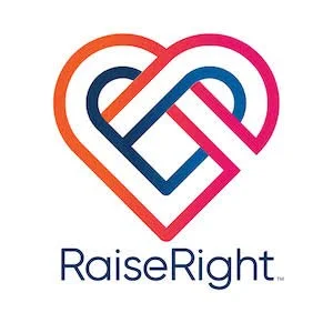 A logo featuring a stylized heart intertwined with a ribbon, with the text "RaiseRight" below it.