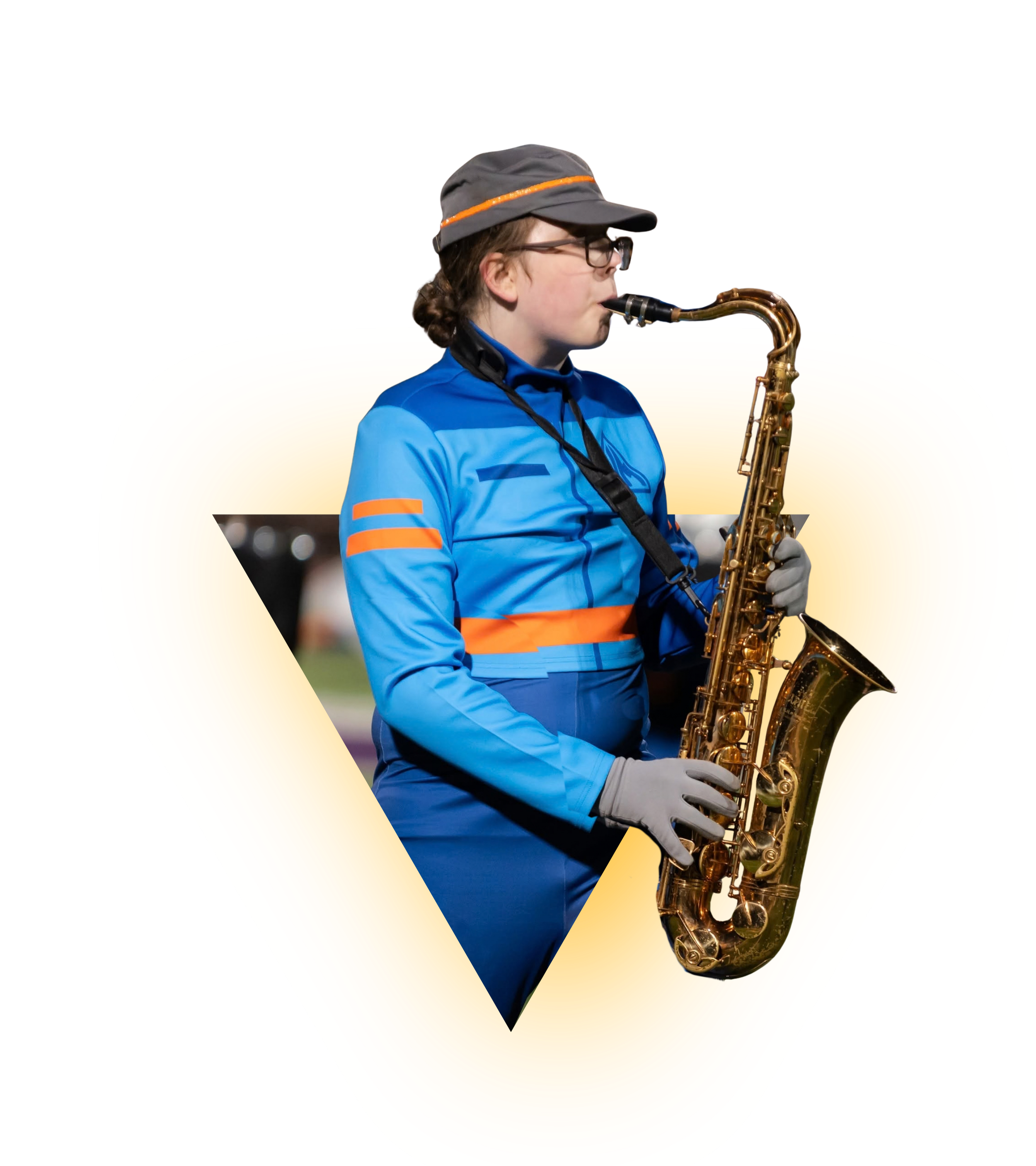 A person wearing glasses, a blue and orange sports jacket, and gloves playing a saxophone. They are wearing a cap with orange accents, and the background is edited with a vibrant orange concentric heart shape.