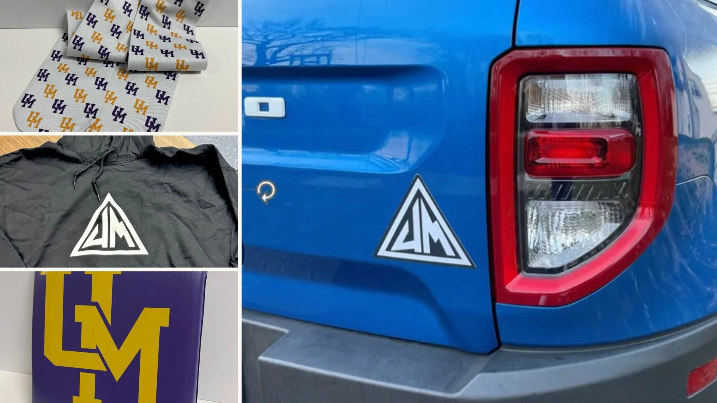 The image displays a collage with four sections showing various items. The top-left section features white cloth items with purple and gold 'LM' logos, likely scarves or fabric pieces. The bottom-left section shows a purple and yellow sign with the letters 'LM,' possibly a banner or poster. The bottom-middle section presents a gray hoodie with a stylized black and white logo on the front. The right section shows the rear of a blue vehicle with tail lights, a small white square emblem, and a sticker with a black and white triangular logo.