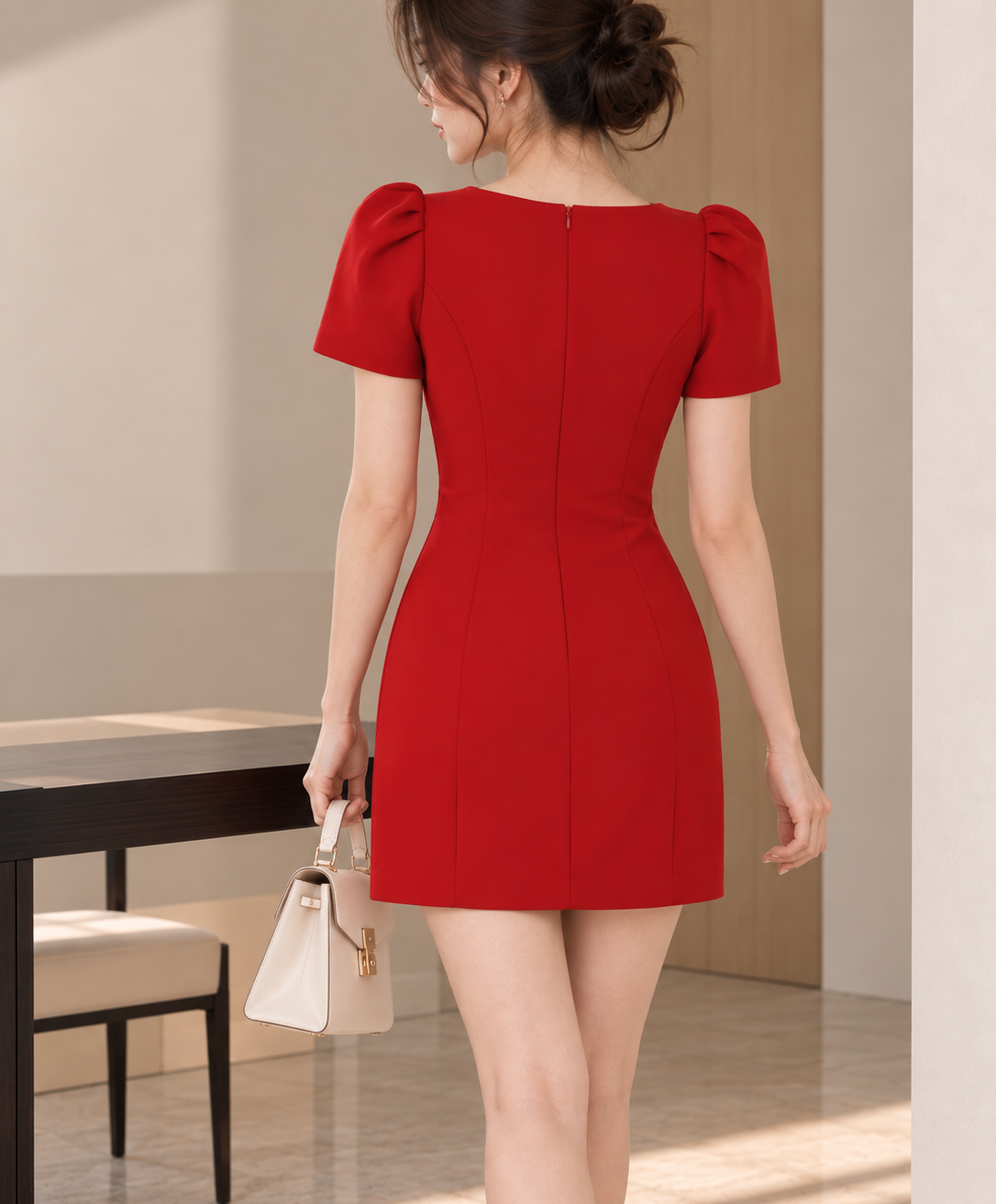 Elegant Red Dress and Ivory Handbag.png