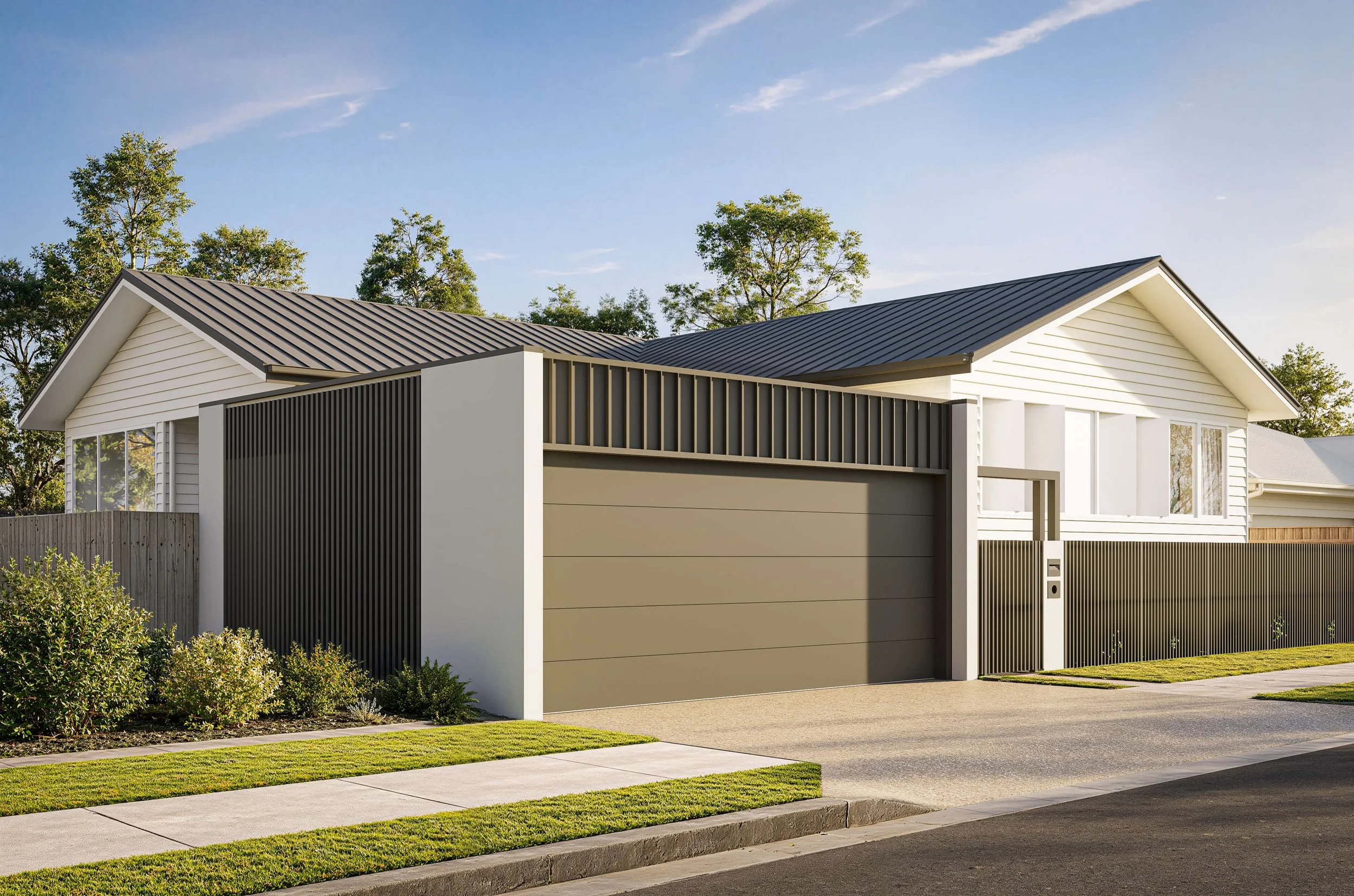 Modern white house with horizontal siding, black metal roof, and dark fencing, situated on a street with green grass and trees in the background.