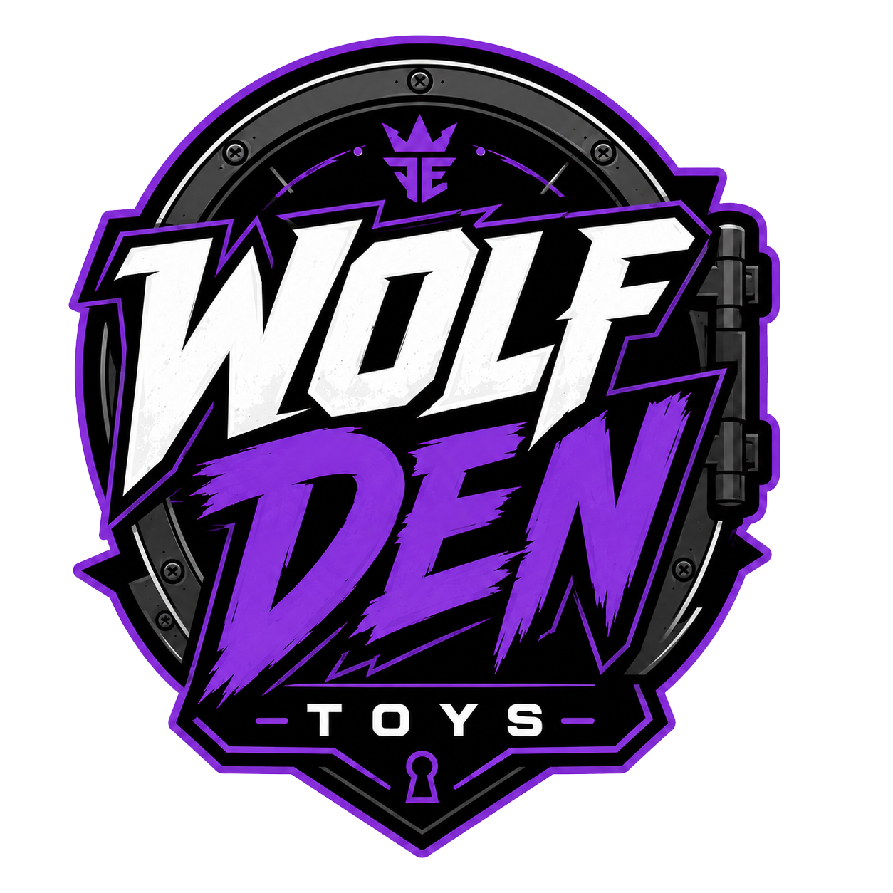 Logo for Wolf Den Toys with a black circular background, purple and white text, and a crown symbol at the top.